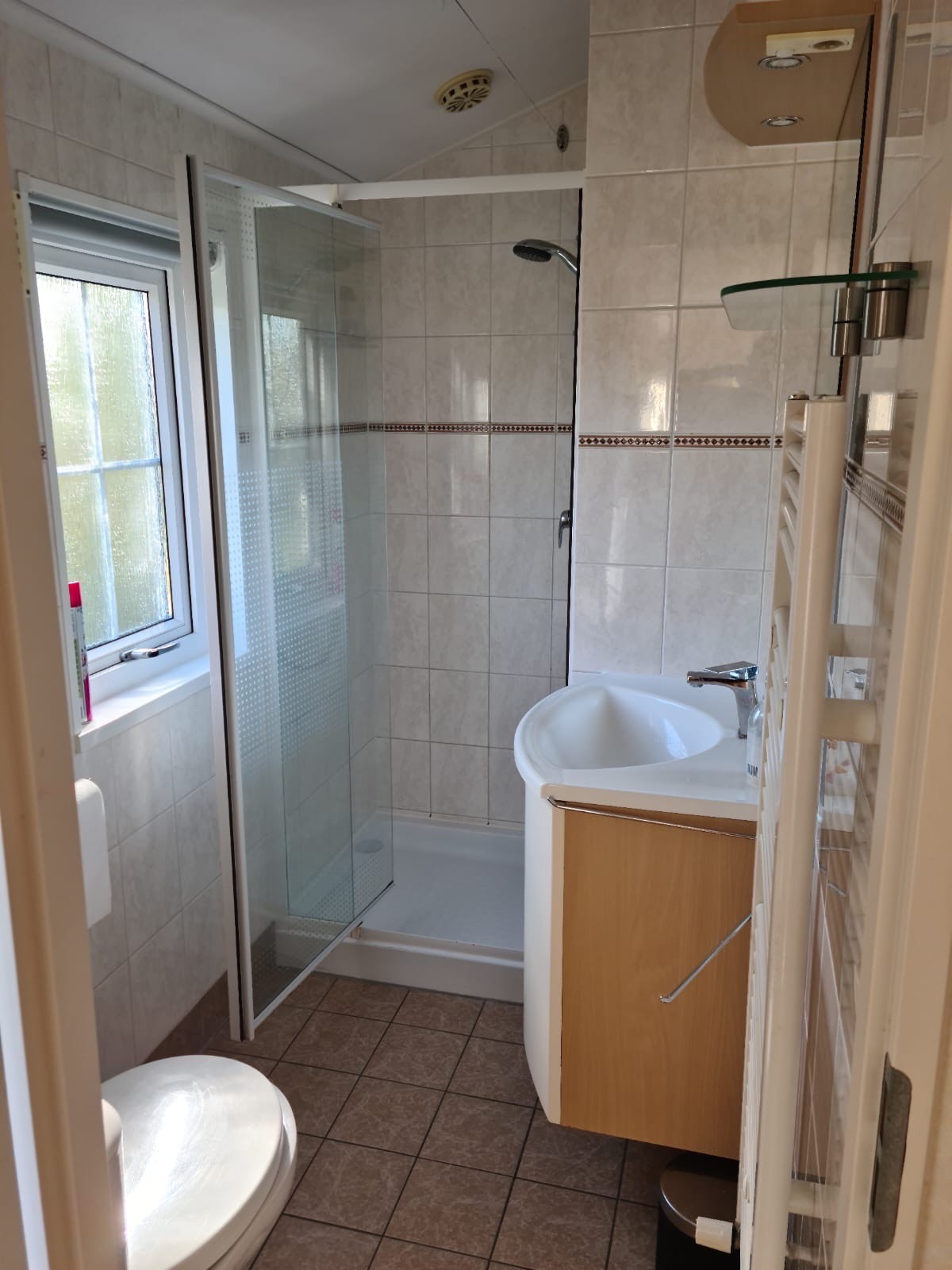 Badkamer met linksonder een toilet links boven een instapdouche en rechts een wasbak met spiegel.