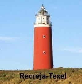 Foto van de vuurtoren van Texel met in zwarte tekst 'recreja' geschreven